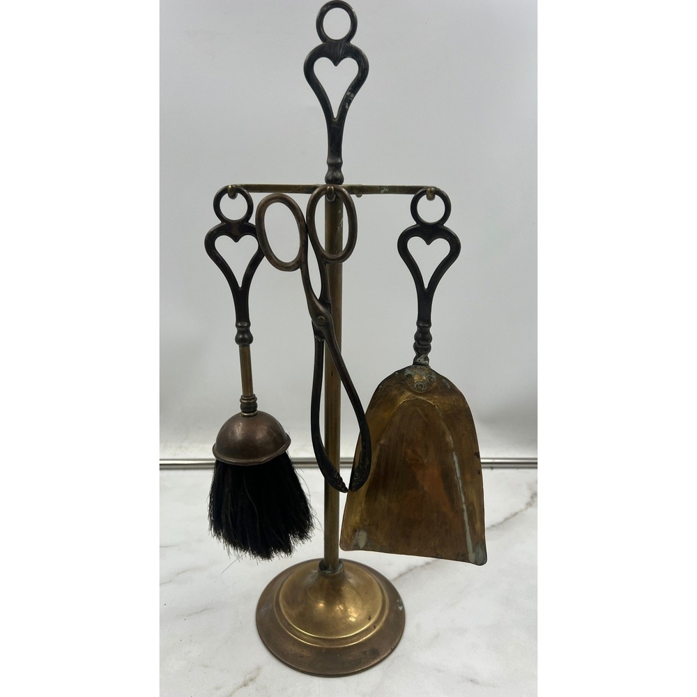 Vintage Brass Fireplace Tool Set Heart Motif England Brush Pan Tongs Short